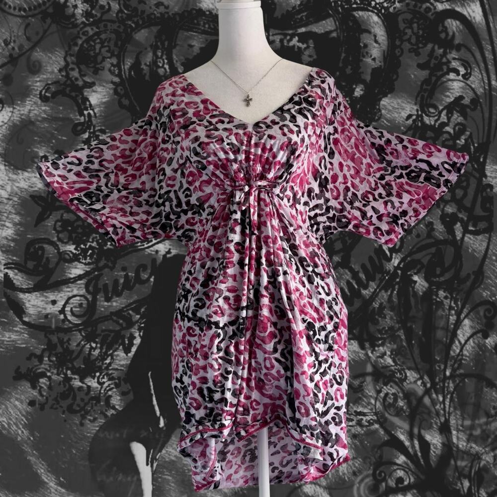 abstract pink and dusty black leopard batwing v neck dolman short sleeve blouse